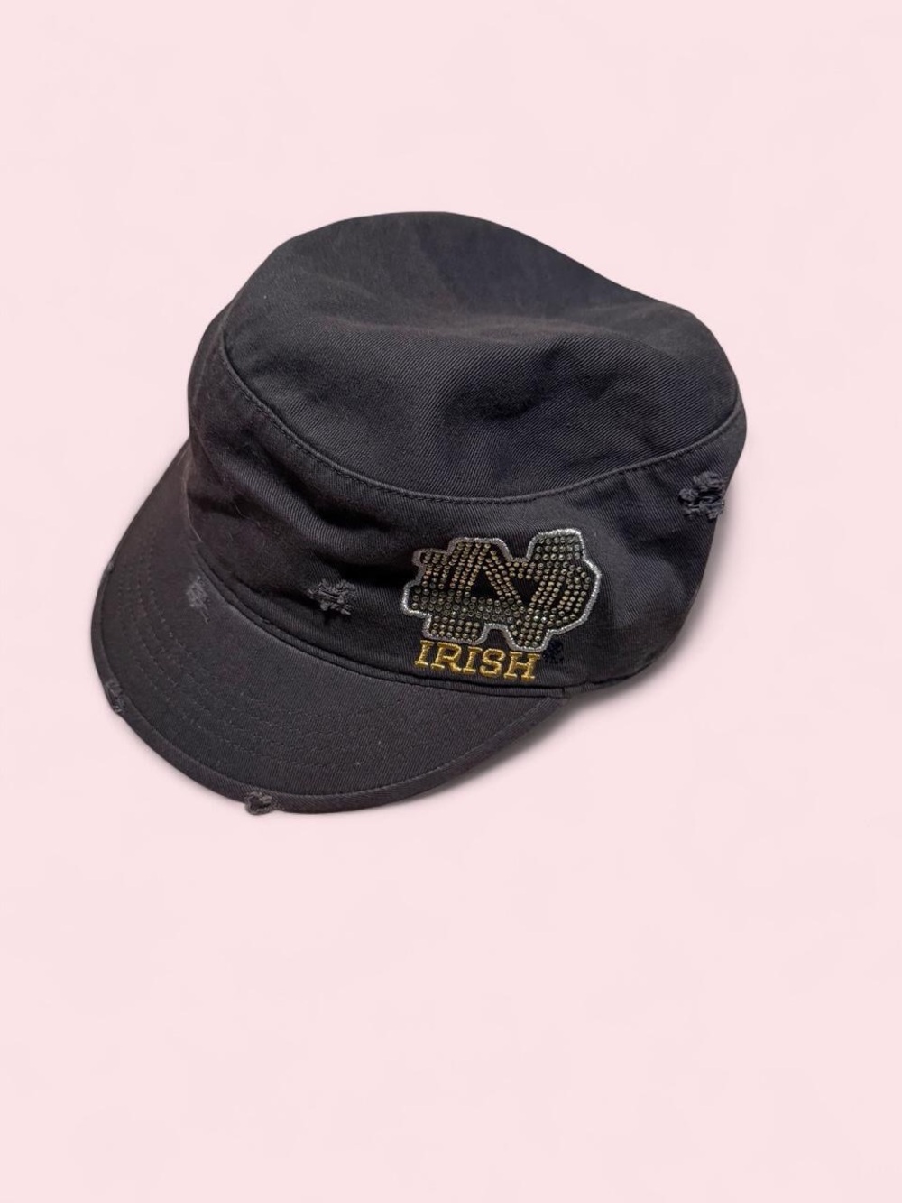 Charcoal Gray Military-Style Cadet Cap with Beaded 'IRISH' Patch - Notre Dame